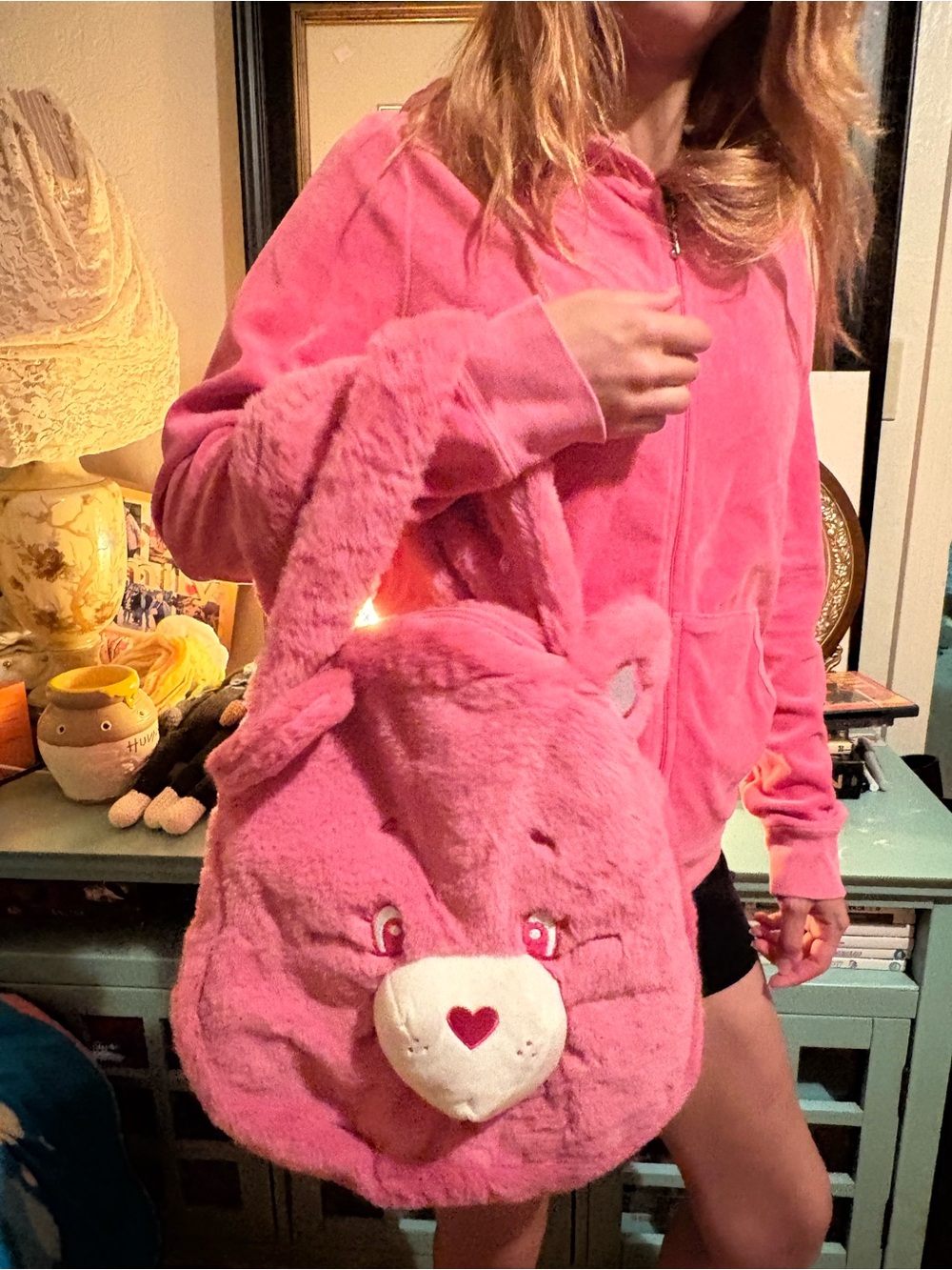 Pink Plush CareBear Shoulder Bag - Cute Fuzzy Women's Bag